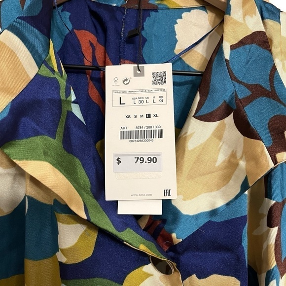 Zara Floral Silky Belted Short Sleeve Jumpsuit. Blue Green. Size L #969 NWT - Picture 7 of 7